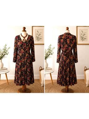 Vintage April Cornell Floral Rayon Midi Dress M Button Front Tie Back Cottagecor